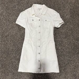 White Button-Front Short Sleeve Denim Dress